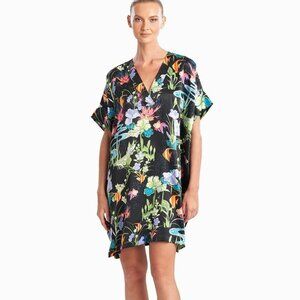 Natori Lotus Pond Tropical Satin Vneck Sleepshirt Gown Caftan Tunic Womens Small